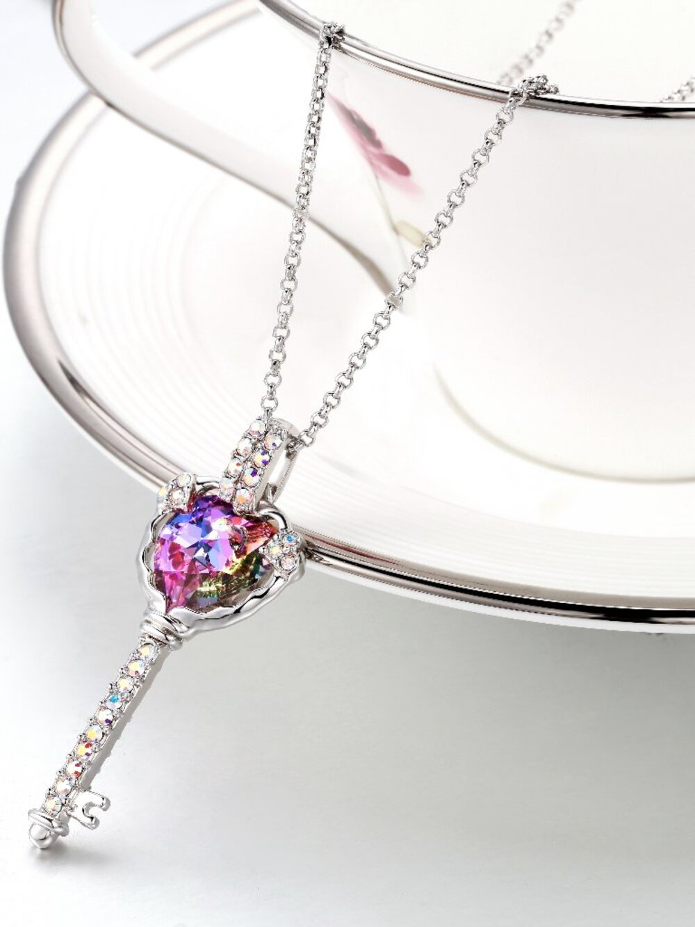 Key to My Heart Pendant Necklace, Purple Amethyst Austrian Crystals, 32.5" - Picture 5 of 7